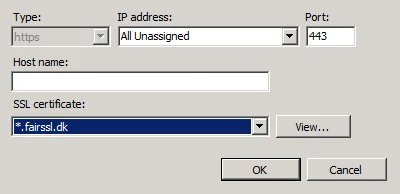 Vælg certifikat til default site